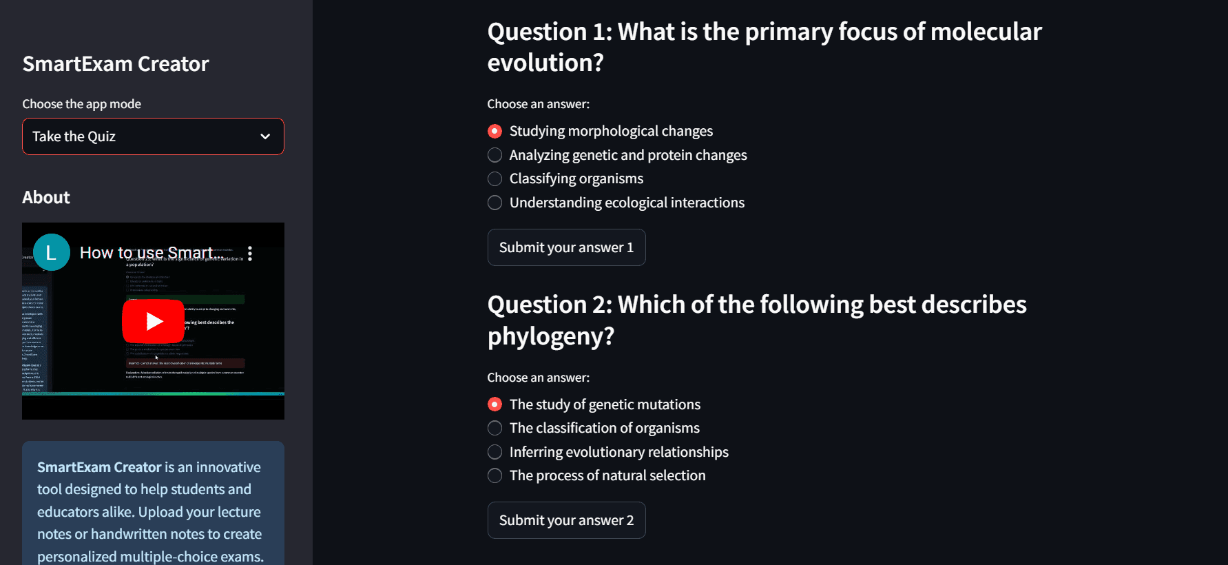 Screenshot of SmartExam Creator interface showing multiple-choice questions on molecular evolution and phylogeny.