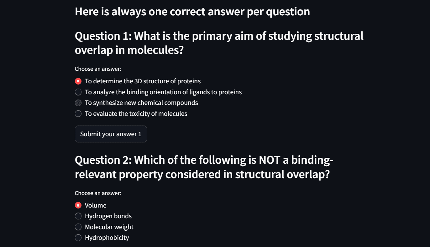 Multiple-choice quiz with questions about structural overlap in molecules, showing selected answers and options.