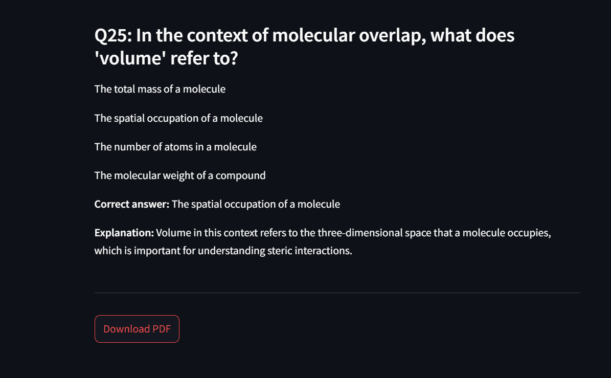 Question about molecular overlap with multiple-choice options and correct answer highlighted, followed by an explanation.